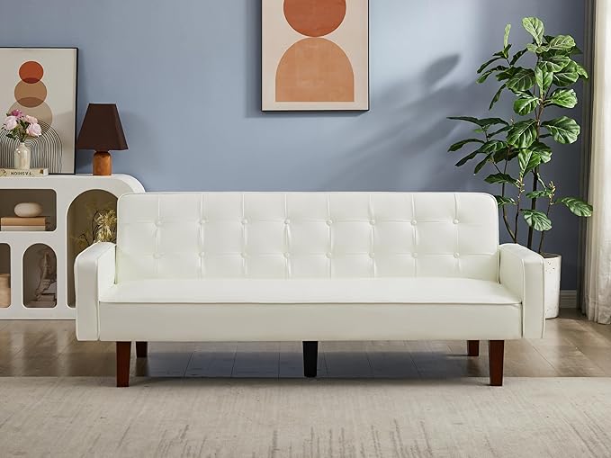 74" Loveseat Sofa with Vintage Button Tufting, Faux Leather Convertible Sleeper Futon Sofa Bed with Spring Cushion and Wood Legs for Apartments, Offices, Reception Areas, Living Rooms, White