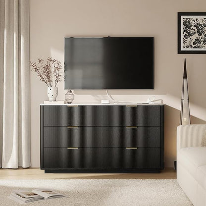 Fluted 6 Drawers Dresser with Charging Station, 55" Wide Modern Chest of Drawers with Faux Marble Top, Wooden Dresser TV Stand, Wood Drawer Organizer for Bedroom, Living Room, Hallway, Black