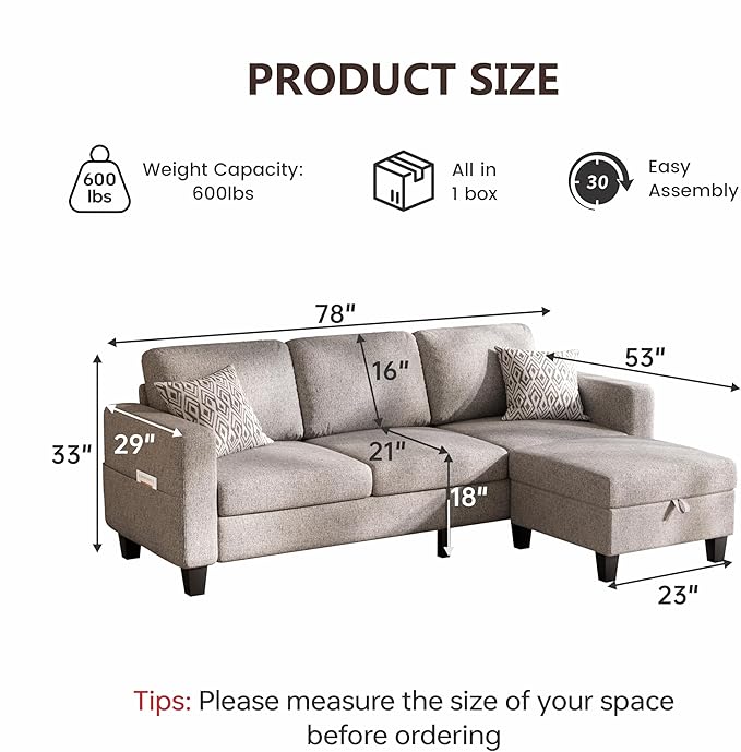 Sectional Sofa and Couches for Living Room, 78'' Brown 3 Seat L-Shaped Couch with Movable Ottoman, Comfy Linen Convertible Sectionals Sofas with Chaise for Apartment, Office, Small Space