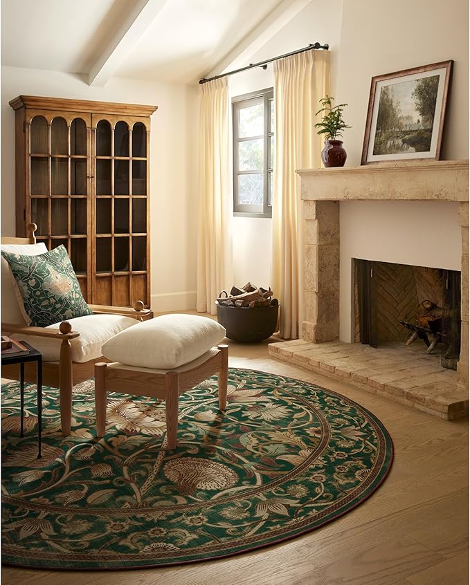 RUGGABLE x Morris & Co Machine Washable Area Rug– Lodden Soft Evergreen & Gold 8 ft Round, Stain-Resistant, Non-Slip–Large Rugs for Living Room, Bedroom, Hallway, Entryway & Office–with Cushioned Pad