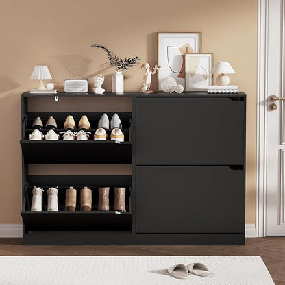 Shoe Storage Cabinet, Wood Shoe Organizer for Entryway with 4 Flip Drawers, Freestanding Shoe Rack with Adjustable Shelf, Narrow Shoe Dresser for Front Door Entrance(Black, 47.24" x 32.28" x 9.44")
