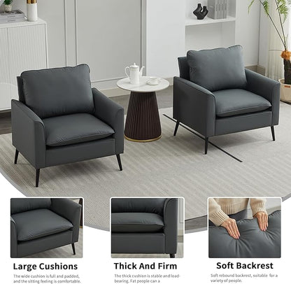 YISHENG Mid-Century Modern Living Room Accent Chairs Set of 2 - Oversized Faux Leather Armchairs with Removable Cushions & Metal Legs, Comfortable Sofas for Office/Lounge/Bedroom/Reception,Gray