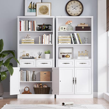 71.4" Tall Bookshelf with Drawers & Cabinet, 5-Tier Floor Standing Bookcase with Storage Doors, Adjustable Shelves & Metal Handles, 31.5" Wide Organizer for Home Office, Living Room