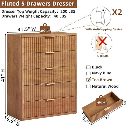 LEYAOYAO Fluted 5 Drawers Dresser for Bedroom, 41" Tall Modern Chest of Drawers with Metal Handle, Curved Profile Design,Brown Wood Drawer Organizer for Bedroom, Living Room, Hallway, Entryway