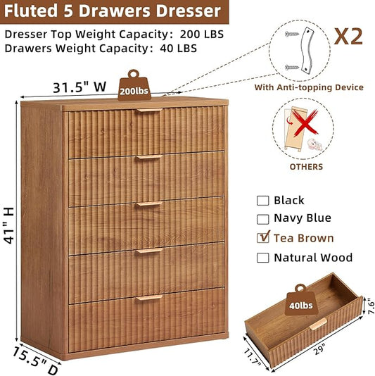 LEYAOYAO Fluted 5 Drawers Dresser for Bedroom, 41" Tall Modern Chest of Drawers with Metal Handle, Curved Profile Design,Brown Wood Drawer Organizer for Bedroom, Living Room, Hallway, Entryway