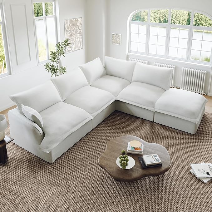 Oversized Cloud Modular Sectional Sofa, Comfy Down Filled Cloud Couch with Removable Cover, L Shaped 4 Seat Couch with Ottoman, Deep Seat Sectional Couches for Living Room, Cream White