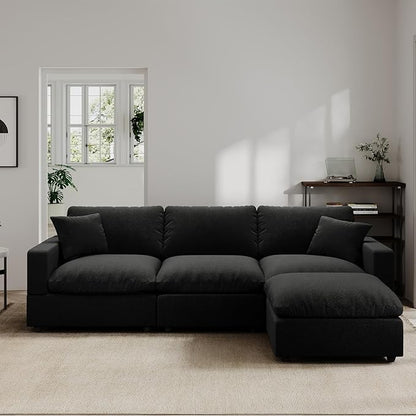 Modern Sectional Linen Cloud Couch for Living Room L Shape Modular Filled-Down Sofas,Detachable Couch Cushion Covers,Cozy Feather Down Sofa for Apartment Black