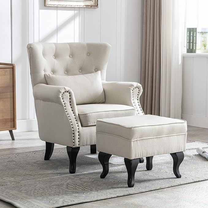 chairus Mid-Century Modern Accent Chair with Ottoman, Comfy Linen Single Sofa Chair Button Tufted Wingback Armchair with Pillow for Living Room/Bedroom/Club - Beige