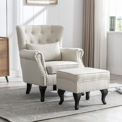 chairus Mid-Century Modern Accent Chair with Ottoman, Comfy Linen Single Sofa Chair Button Tufted Wingback Armchair with Pillow for Living Room/Bedroom/Club - Beige