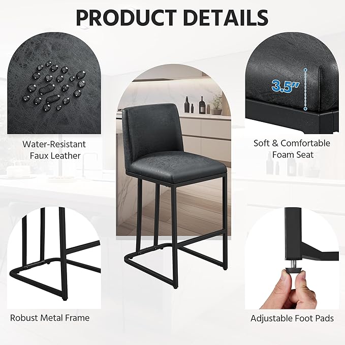Yaheetech Bar Stools Set of 4, Counter Height Kitchen Stools 24'' Modern Leather Upholstered Bar Chairs with Back and Metal Legs for Kitchen Counter, Dark Gray