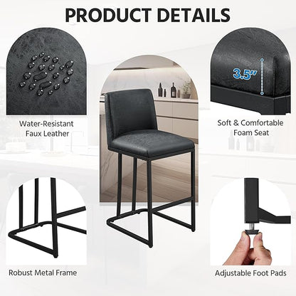 Yaheetech Bar Stools Set of 4, Counter Height Kitchen Stools 24'' Modern Leather Upholstered Bar Chairs with Back and Metal Legs for Kitchen Counter, Dark Gray