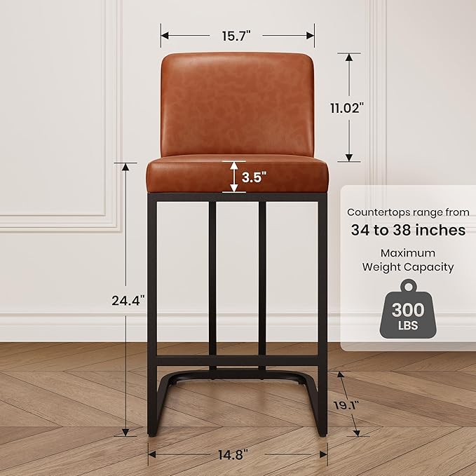 PHI VILLA Brown Bar Stools Set of 6, Faux Leather Counter Height Chairs, Kitchen Stools for Island, 24 Inch Barstools with Back