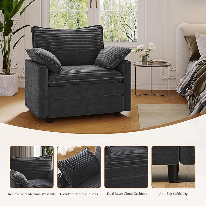 Vesgantti 40" Single Seat Sofa, Comfy Cloud Couch Deep Seat Upholstered Couch Corduroy Modern Sofa with Armrest Pillow, Easy Assembly for Living Room, Bedroom and Apartment, Gray