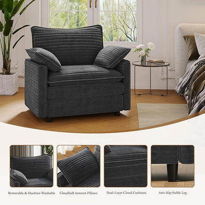 Vesgantti 40" Single Seat Sofa, Comfy Cloud Couch Deep Seat Upholstered Couch Corduroy Modern Sofa with Armrest Pillow, Easy Assembly for Living Room, Bedroom and Apartment, Gray