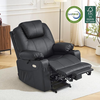 MCombo Power Lift Recliner Chair for Elderly, Lift Chair with Heat and Massage, FSC Certified, USB Ports, Cup Holders, Faux Leather 7040 (Black, Medium)