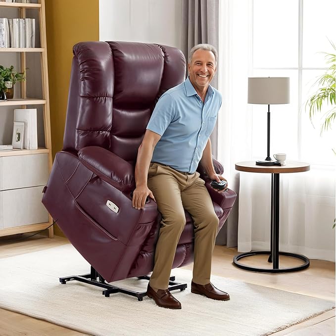 MCombo Large Triple Motor Power Lift Recliner Chair with Massage and Dual Heating, Adjustable Headrest for Tall Elderly People, Faux Leather 7634 (Wine, Large)