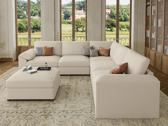 EASE MOOSE Oversized Corner Modular Sectional Sofa with Ottoman, Faux Leather Sectional Sofa with Deep Seat, Scratch Resistant Faux Leather Material, Extra Large L Shaped Couch,Beige