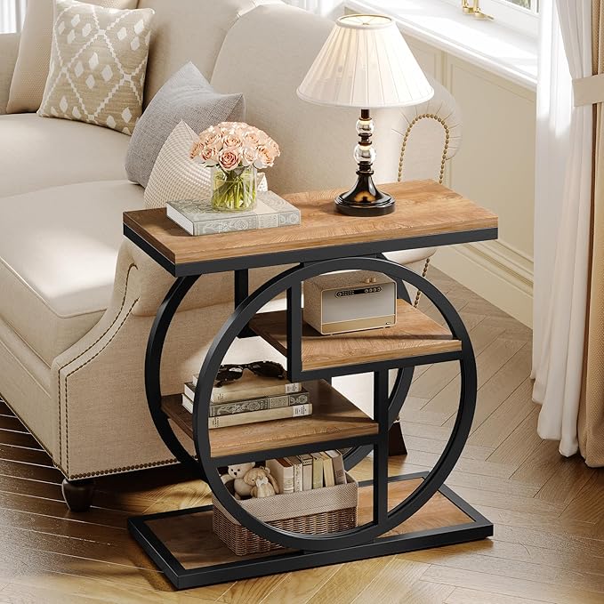 Tribesigns End Table Set of 2, 4-Tier Narrow Side Table with Storage Shelves, Wood Small Sofa Side Table with Geometric Metal Frame, Industrial Bedside Table for Bedroom, Living Room, Natural Brown
