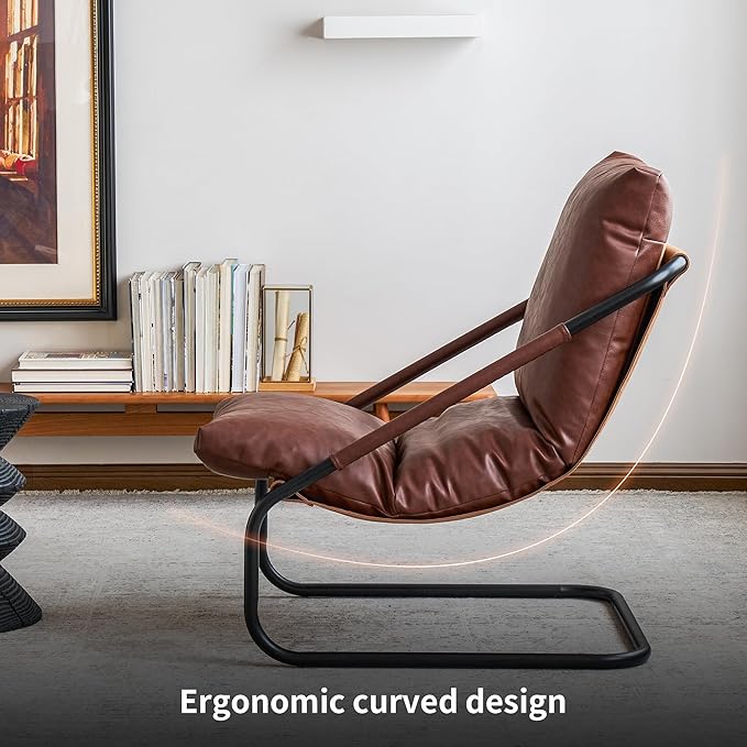 27.56-inch Wide Comfortable Living Room Armchair，Vintage-Style Lounge Chair，with deep Brown Leather Cushion and Metal Frame.