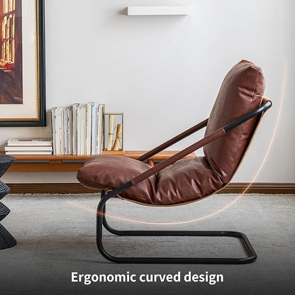 27.56-inch Wide Comfortable Living Room Armchair，Vintage-Style Lounge Chair，with deep Brown Leather Cushion and Metal Frame.