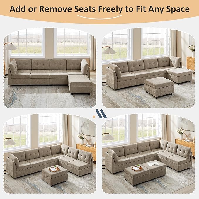VANOMi 4 Seat Modular Cloud Sofa with Ottoman, 118" Modular Sectional Sofas & Couches for Living Room, Cozy Chenille Cloud Sectional Couch Sofas for Living Room, Apartment, Office, Camel, L Shaped