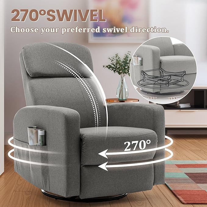 Power Swivel Recliner Chairs for Adults, Electric Glider Rocking Chair Nursery, Glider Recliner Nursery Chair with Classified Side Pocket, Nursery Rocking Chairs with USB and Type-C Ports