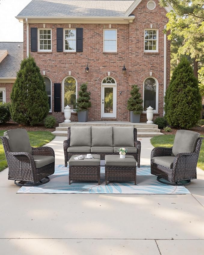 Pop 22x25/22x24 Outdoor Cushions for Patio 5 Piece Set - Set of 5 Water-Resistant Replacement Cushion for Wicker Dining Rocking Swivel Chairs Loveseat Couch Sectional Sofa - Grey/Classic
