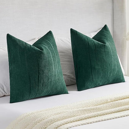 FUTEI Dark Green Chenille Decorative Throw Pillow Covers 24x24 Inch Set of 2,Soft Embossed Striped Textured European Cushion Case,Modern Home Decor for Couch Bed Living Room