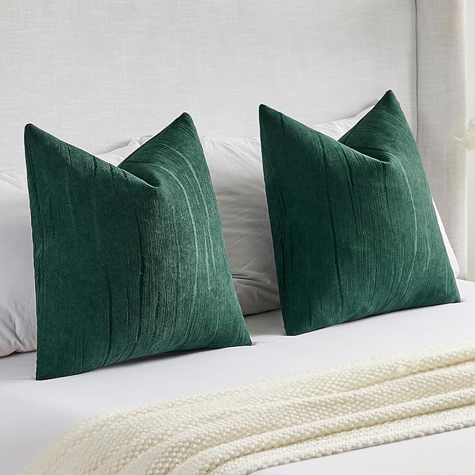 FUTEI Dark Green Chenille Decorative Throw Pillow Covers 26x26 Inch Set of 2,Soft Embossed Striped Textured Euro Pillow Shams,Modern Home Decor for Couch Bed Living Room