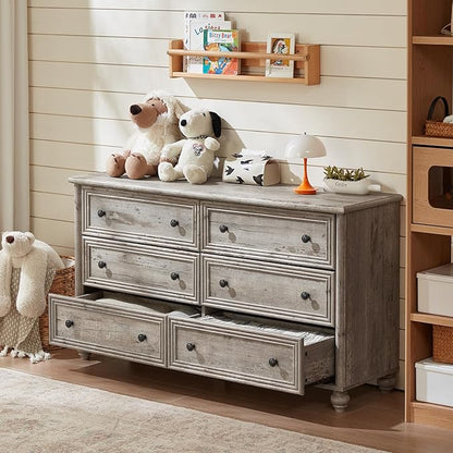 Farmhouse Dressers & Night Stand Set of 4, Wood 54" Wide 6 Drawer Dresser & 35" Tall Chest of Drawers, 18" Roman Column Nightstand Set of 2, Bedroom Furniture Dresser Sets for Home Living Room Hallway