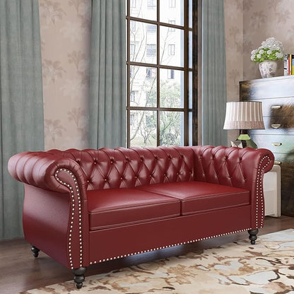 Chesterfield Loveseat Sofa, Modern Leather Small Sofa Couch 2 Seater with Rolled Arms and Nailhead, Mid Century Modern Loveseat Couch for Small Spaces Living Room Bedroom Apartment, Claret