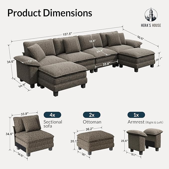 HERA'S HOUSE 158" Modular Sectional Sofa, Oversized U Shaped Couches for Living Room, Comfy Cloud Couch with Ottoman, 6-Seater Deep Seat Sofa with Throw Pillow, Chenille Ash