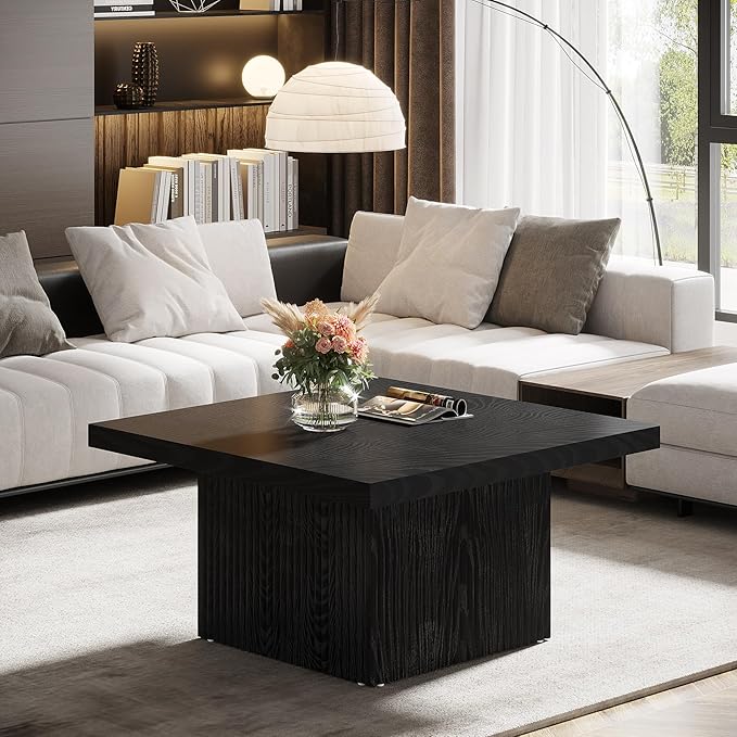 Tribesigns Square Coffee Table, 31.5-Inch Fluted Coffee Table, Mid-Century Modern Living Room Table, Large Cocktail Table for Living Room, Easy Assembly, Black