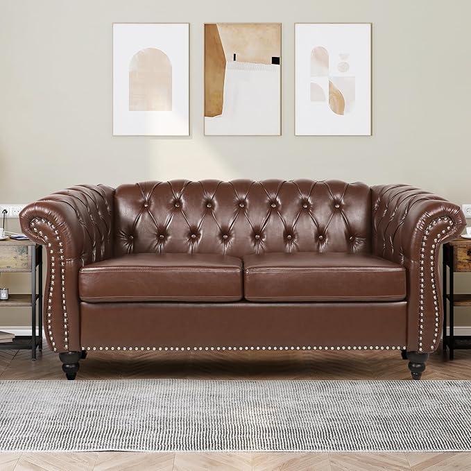 Loveseat Sofa Couch, Modern PU Leather Upholstered Sofa, Oversized Comfy 2 Seater Love Seat Couch with Cushions, Mid Century Tufted Chesterfield Sofa for Living Room, Bedroom, Apartment (Brown)