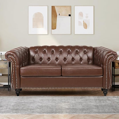 Loveseat Sofa Couch, Modern PU Leather Upholstered Sofa, Oversized Comfy 2 Seater Love Seat Couch with Cushions, Mid Century Tufted Chesterfield Sofa for Living Room, Bedroom, Apartment (Brown)