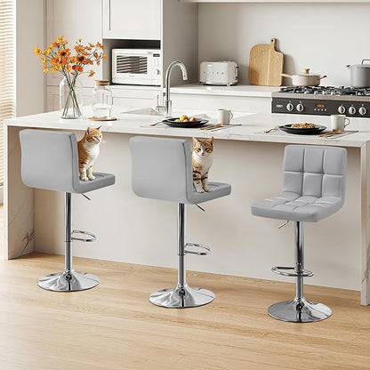Yaheetech Bar Stools Set of 3, Adjustable PU Leather Swivel Barstools, Modern Counter Stools with Back and Footrest, Counter Height Barstools for Bar, Kitchen, Dining Room, Light Grey