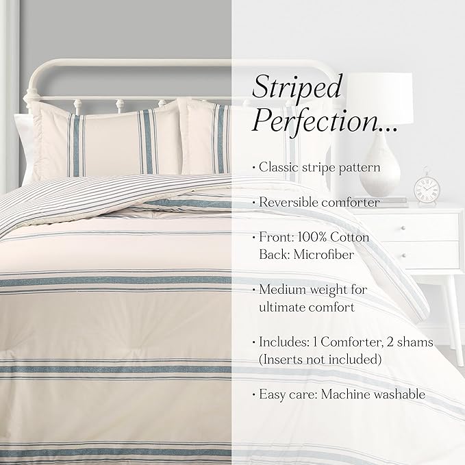 Lush Decor Farmhouse Stripe Reversible Cotton Comforter Set, 3 Piece Set, Full/ Queen, Blue - Cozy F𝐚rmhouse Bedding Set - Rustic Decor - Striped Comforter - Modern Farmho𝐮se Bedroom Decor