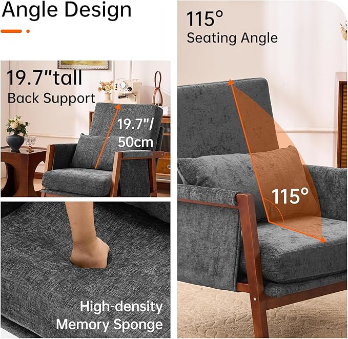 Accent Chair Mid-Century Modern with Lumbar Support Pillow, Upholstered Living Room Chairs with Wooden, Chenille Armchair with Cushion, Anthropologie Side Chair for Bedroom, Dark Grey