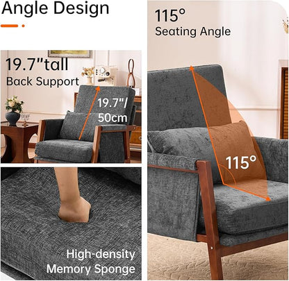 Accent Chair Mid-Century Modern with Lumbar Support Pillow, Upholstered Living Room Chairs with Wooden, Chenille Armchair with Cushion, Anthropologie Side Chair for Bedroom, Dark Grey