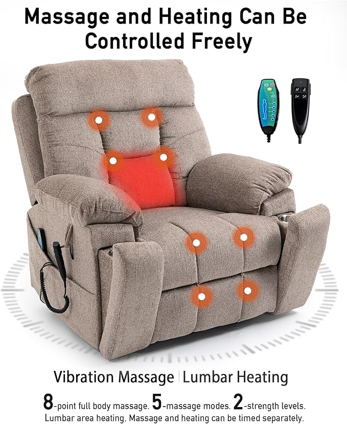 26in Extra Large Lazy Boy Recliner Chair for Tall Men Up to 6'2"/350lb Adjustment Power Lift Recliner Chair with Cupholder, Massage Chair Recliner with Lumbar Heating