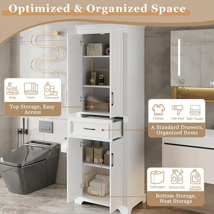Tall Freestanding Storage Cabinet with 4 Doors & One Drawer, Multi-Purpose Organizer with Adjustable Shelf for Bathroom, Office, Living Room, White