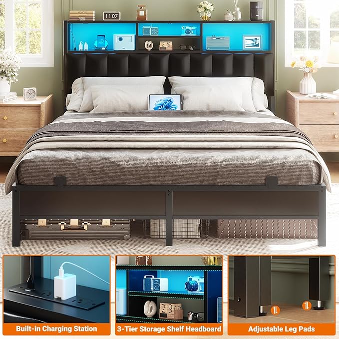 Aheaplus Headboard for Queen Size Bed with Storage, Upholstered Headboards with Outlets, USB Ports and LED Light, Reversible Queen Size Head Board, Height Adjustable, Comfortable Headboard, Black