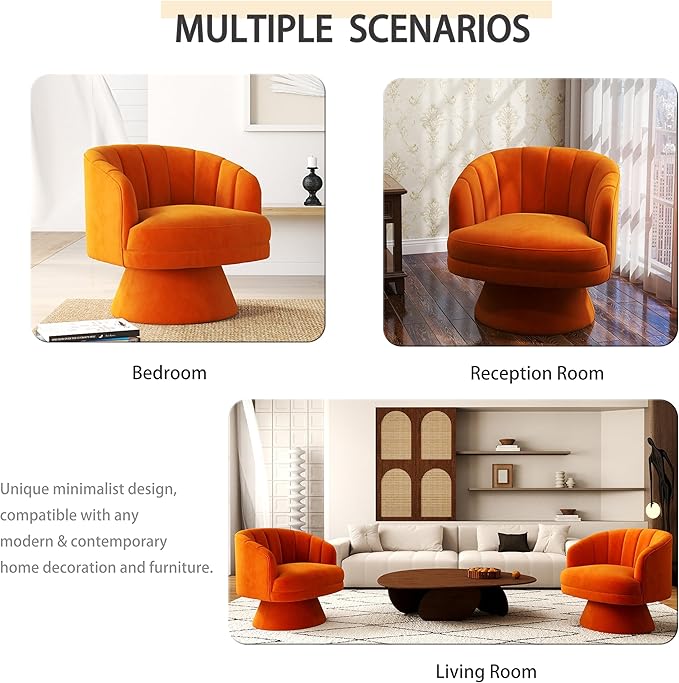Swivel Accent Chair,Upholstered Velvet 360° Swivel Barrel Chair for Living Room Overstuffed Bouncle Reading Chair Round Armchair for Bedroom,Vanity,Office (Orange)