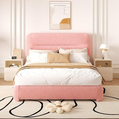 Full Size Cloud Bed Frame, Upholstered Boucle Platform Bed with Adjustable Headboard, Anti-Collision Soft Rounded Corners, Noise Free, Easy Assembly, Pink