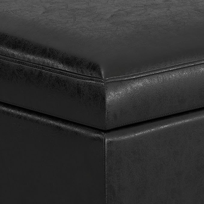 SIMPLIHOME Owen 48 inch Wide Mid Century Modern Rectangle Rectangular Storage Ottoman in Distressed Black Vegan Faux Leather, Assembled, for the Living Room, Entryway and Family Room