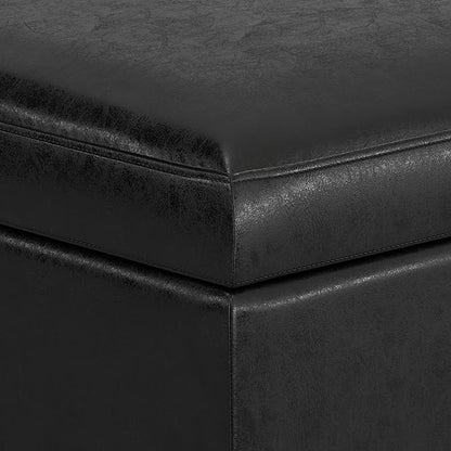 SIMPLIHOME Owen 48 inch Wide Mid Century Modern Rectangle Rectangular Storage Ottoman in Distressed Black Vegan Faux Leather, Assembled, for the Living Room, Entryway and Family Room