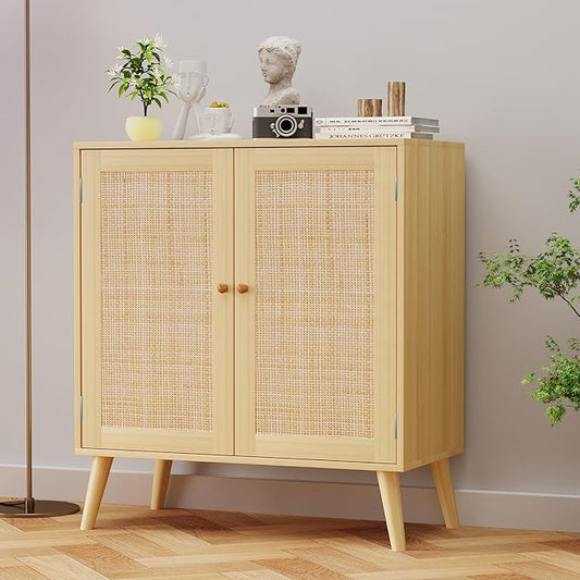 EOYUTLLY Sideboard Buffet Cabinet, Kitchen Buffet Storage Cabinet with Rattan Doors, Accent Cabinet with Adjustable Shelves for Hallway,Kitchen,Living Room, 31.5 x 15.7 x 35 Natural, Assemble Easily