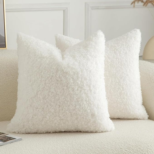 Pack of 2 Curly Teddy Wool Faux Fur Throw Pillow Covers Fuzzy Accent Soft Sherpa Pillowcases Sheepskin Fleece Decorative Cushion Case for Sofa Couch Living Room 24x24 Inch Neutral White