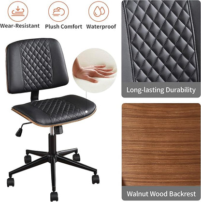 Modern Black Home Office Chair – Armless Mid-Back Desk Chair with PU Leather, Adjustable Height, Swivel Wheels, Walnut Wood Finish, Perfect for Small Spaces