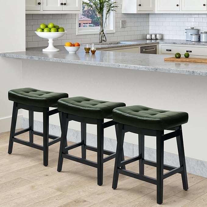 Counter Height Bar Stools Set of 2 for Kitchen Counter Farmhouse Modern Barstools with Faux Leather Upholstered Backless Seat and Solid Wood Legs 24 inch Bar Chairs, Green + Black